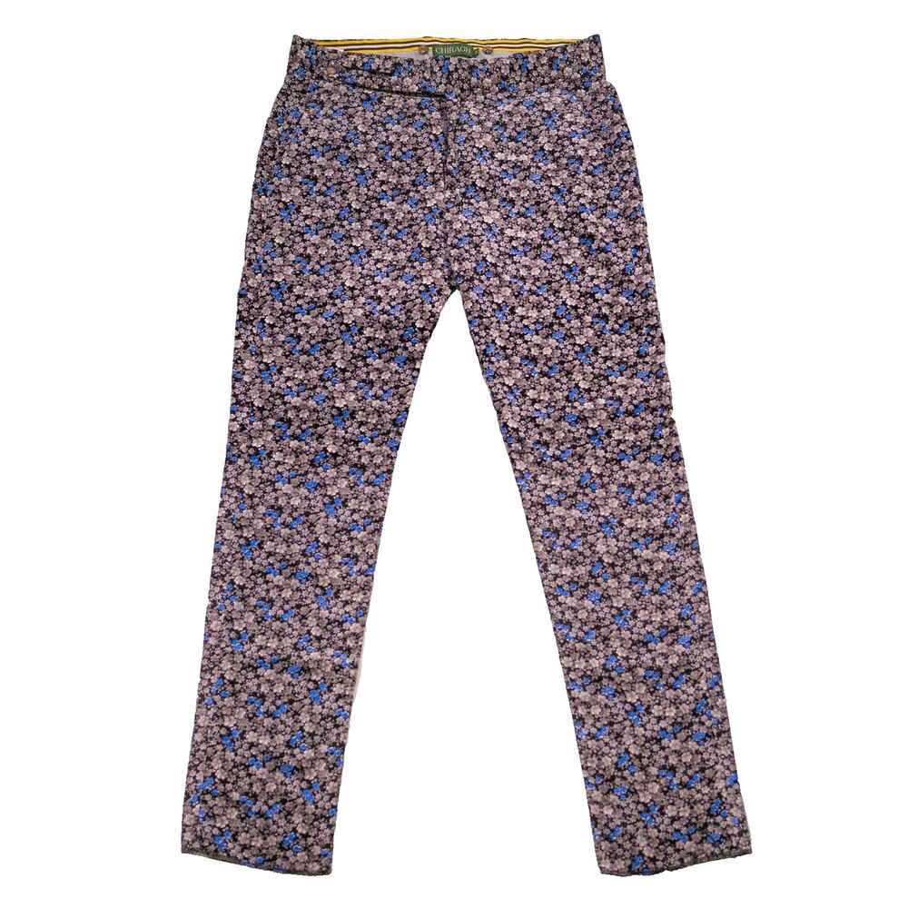 Mens 36 Gray Blue Floral Velvet Gurkha Pants High Waist Flat Front Trousers